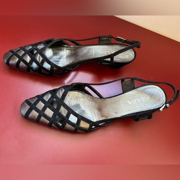 **PRADA Low Heel Slingbacks Black Suede and Silver, Size 39.5 / 9 US - Picture 1 of 7